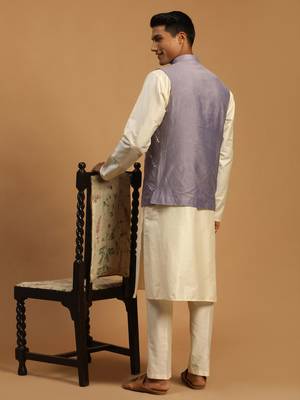 Purple And Cream Viscose Jacket, Kurta And Pyjama Set 3