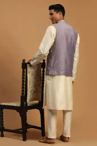 Purple And Cream Viscose Jacket, Kurta And Pyjama Set