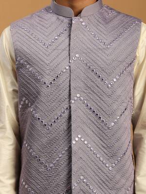 Purple And Cream Viscose Jacket, Kurta And Pyjama Set 4