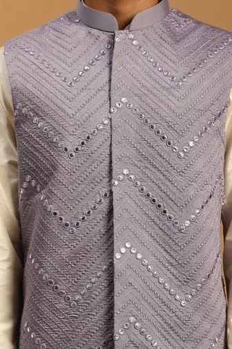 Purple And Cream Viscose Jacket, Kurta And Pyjama Set