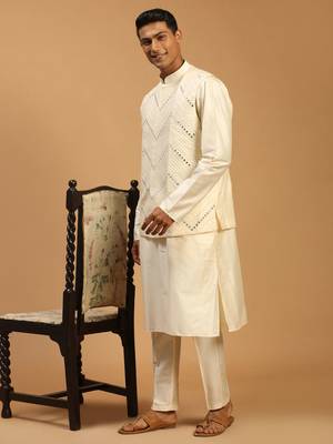 Purple And Cream Viscose Jacket, Kurta And Pyjama Set 2