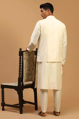 Purple And Cream Viscose Jacket, Kurta And Pyjama Set
