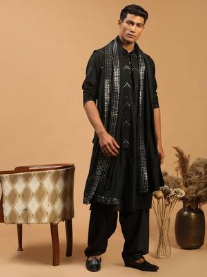 Black Viscose Jacket, Kurta And Pyjama Set WithOut Dupatta 1