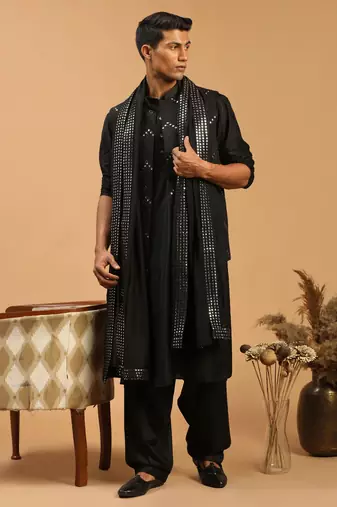 Black Viscose Jacket, Kurta And Pyjama Set WithOut Dupatta
