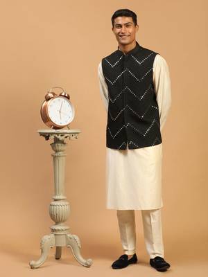 Black And Cream Viscose Jacket, Kurta And Pyjama Set 1