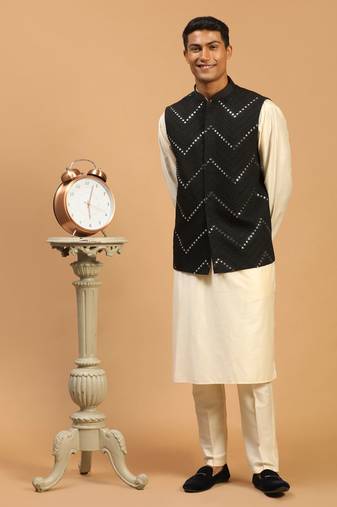 Men'S Black And Cream Viscose Jacket, Kurta And Pyjama Set