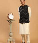 Black And Cream Viscose Jacket, Kurta And Pyjama Set