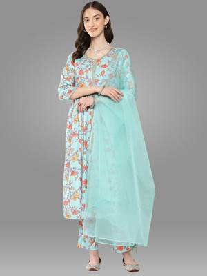 Janasya women's aqua teal blue moss digital floral printed kurta with pant and dupatta 1