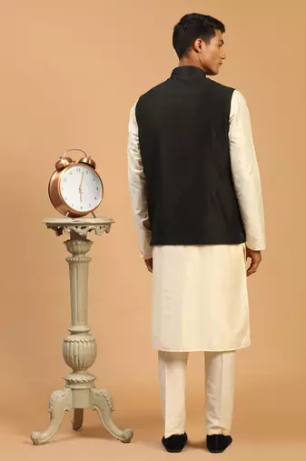Black And Cream Viscose Jacket, Kurta And Pyjama Set