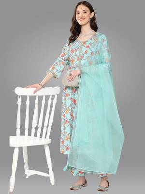 Janasya women's aqua teal blue moss digital floral printed kurta with pant and dupatta 2