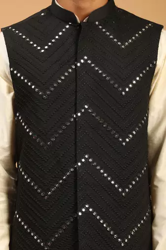 Black And Cream Viscose Jacket, Kurta And Pyjama Set