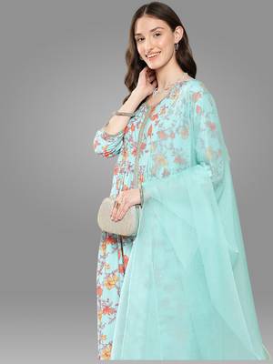 Janasya women's aqua teal blue moss digital floral printed kurta with pant and dupatta 3