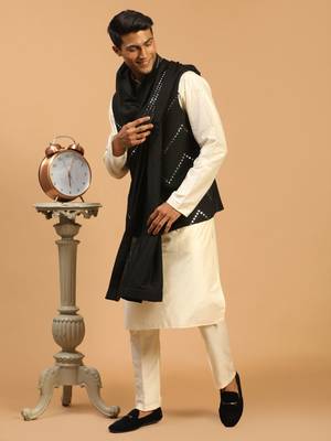 Black And Cream Viscose Jacket, Kurta And Pyjama Set 1