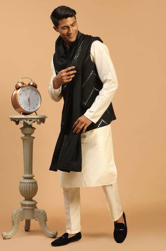 Men'S Black And Cream Viscose Jacket, Kurta And Pyjama Set
