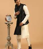 Black And Cream Viscose Jacket, Kurta And Pyjama Set