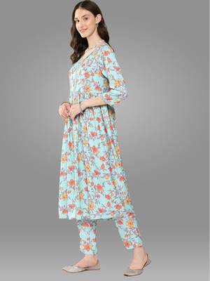 Janasya women's aqua teal blue moss digital floral printed kurta with pant and dupatta 4