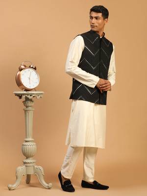 Black And Cream Viscose Jacket, Kurta And Pyjama Set 2