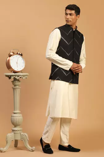 Black And Cream Viscose Jacket, Kurta And Pyjama Set