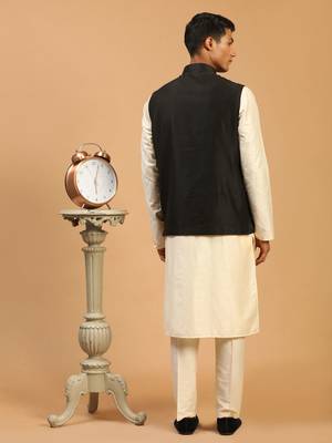 Black And Cream Viscose Jacket, Kurta And Pyjama Set 3