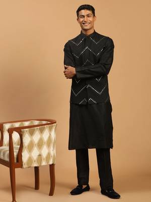 Black Viscose Jacket, Kurta And Pyjama Set 1