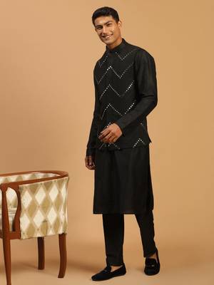 Black Viscose Jacket, Kurta And Pyjama Set 2