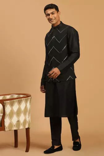 Black Viscose Jacket, Kurta And Pyjama Set
