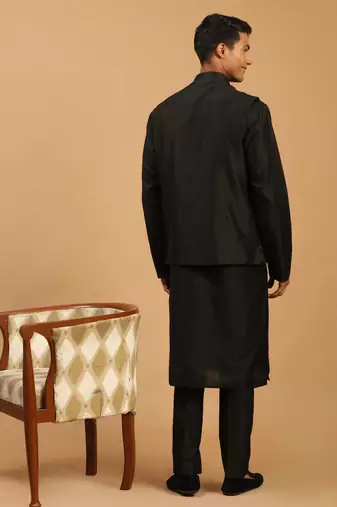 Black Viscose Jacket, Kurta And Pyjama Set