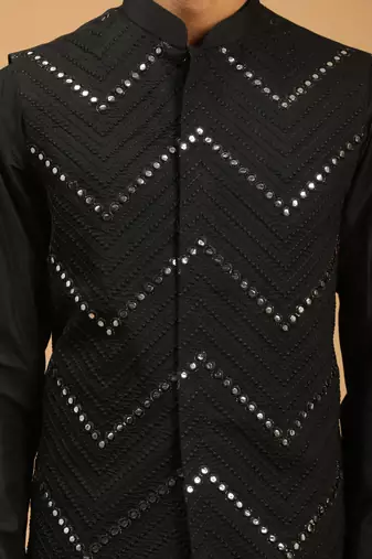 Black Viscose Jacket, Kurta And Pyjama Set