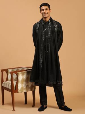 Black Viscose Jacket, Kurta And Pyjama Set 1