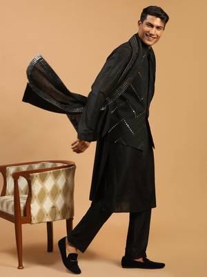 Black Viscose Jacket, Kurta And Pyjama Set 2