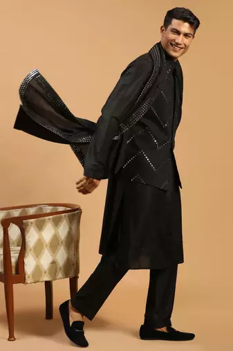 Black Viscose Jacket, Kurta And Pyjama Set