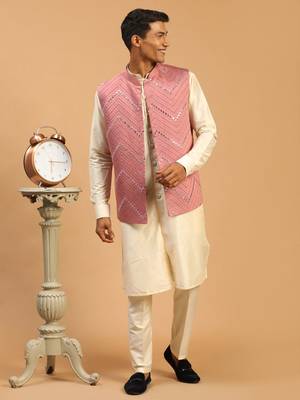 Onion And Cream Viscose Jacket, Kurta And Pyjama Set 1