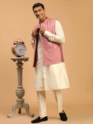 Onion And Cream Viscose Jacket, Kurta And Pyjama Set 2