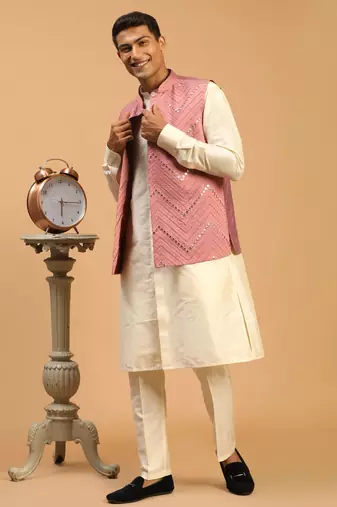 Onion And Cream Viscose Jacket, Kurta And Pyjama Set
