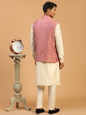 Onion And Cream Viscose Jacket, Kurta And Pyjama Set 3