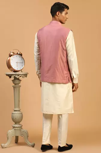 Onion And Cream Viscose Jacket, Kurta And Pyjama Set
