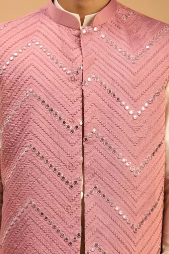 Onion And Cream Viscose Jacket, Kurta And Pyjama Set