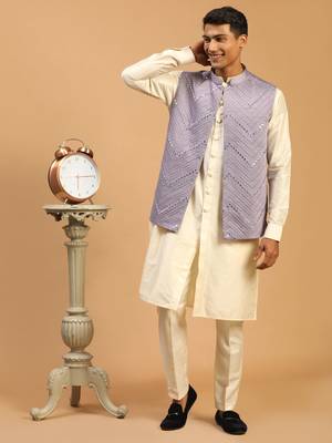 Purple And Cream Viscose Jacket, Kurta And Pyjama Set 1