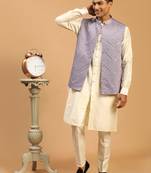 Purple And Cream Viscose Jacket, Kurta And Pyjama Set