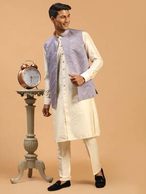 Purple And Cream Viscose Jacket, Kurta And Pyjama Set 2