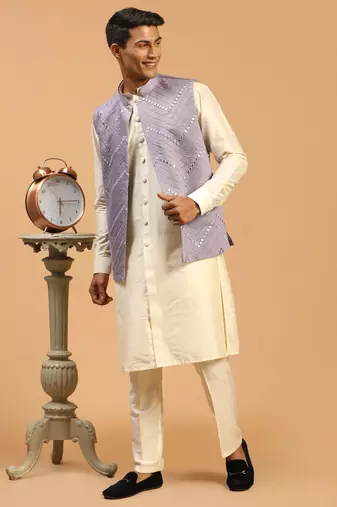 Purple And Cream Viscose Jacket, Kurta And Pyjama Set
