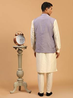 Purple And Cream Viscose Jacket, Kurta And Pyjama Set 3