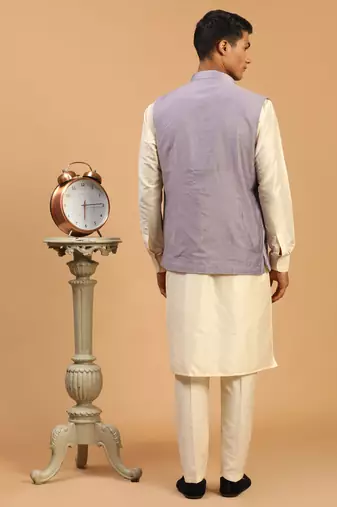 Purple And Cream Viscose Jacket, Kurta And Pyjama Set