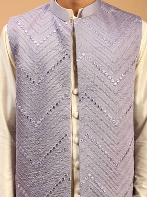 Purple And Cream Viscose Jacket, Kurta And Pyjama Set 4