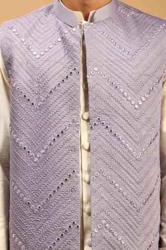 Purple And Cream Viscose Jacket, Kurta And Pyjama Set