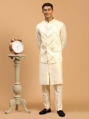 Cream Viscose Jacket, Kurta And Pyjama Set 1