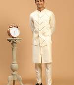Cream Viscose Jacket, Kurta And Pyjama Set