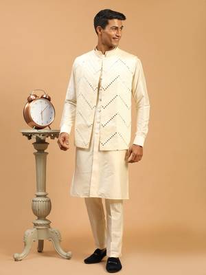 Cream Viscose Jacket, Kurta And Pyjama Set 2
