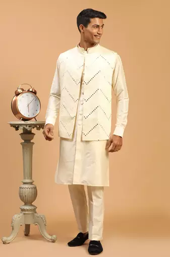 Cream Viscose Jacket, Kurta And Pyjama Set