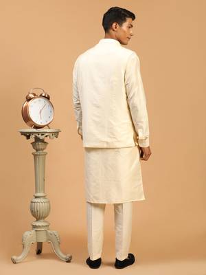 Cream Viscose Jacket, Kurta And Pyjama Set 3